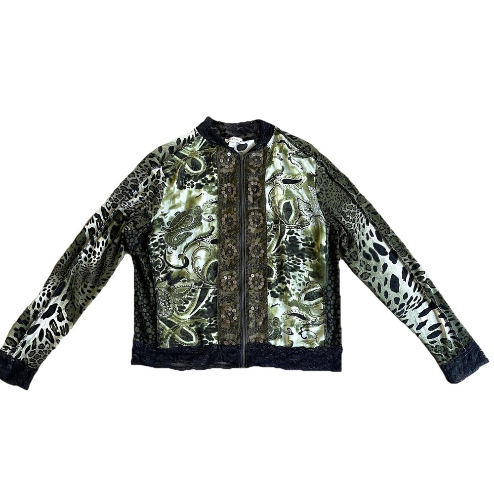 Jaipur Y2K Mixed Media Top Medium Lace Animal‎ Print Long Sleeves Sheer Full Zip